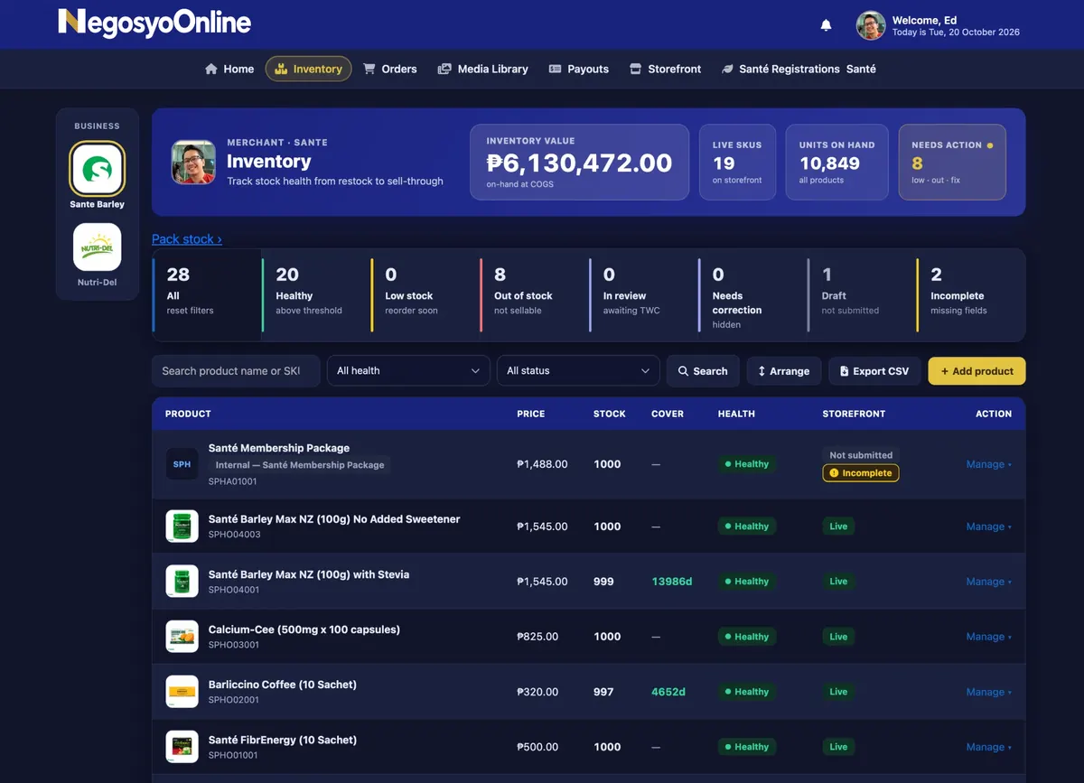 Merchant dashboard Inventory page listing products with price and stock