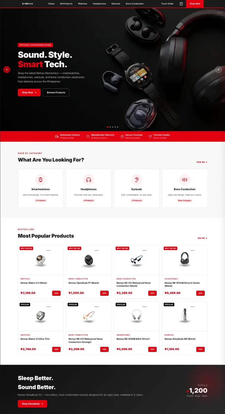 Remax Philippines online store homepage showing smartwatches and headphones