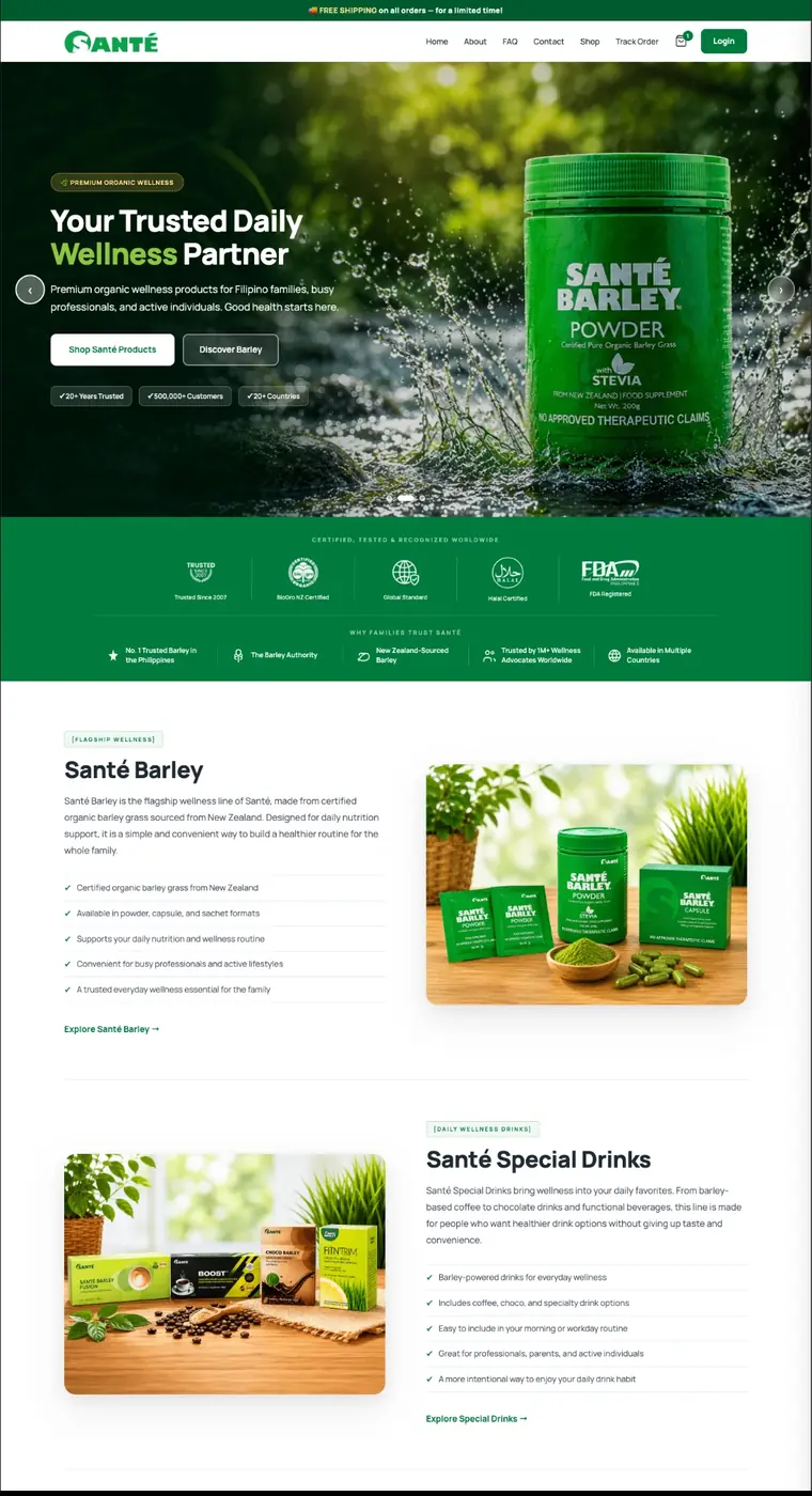 Santé online store homepage showing barley wellness products